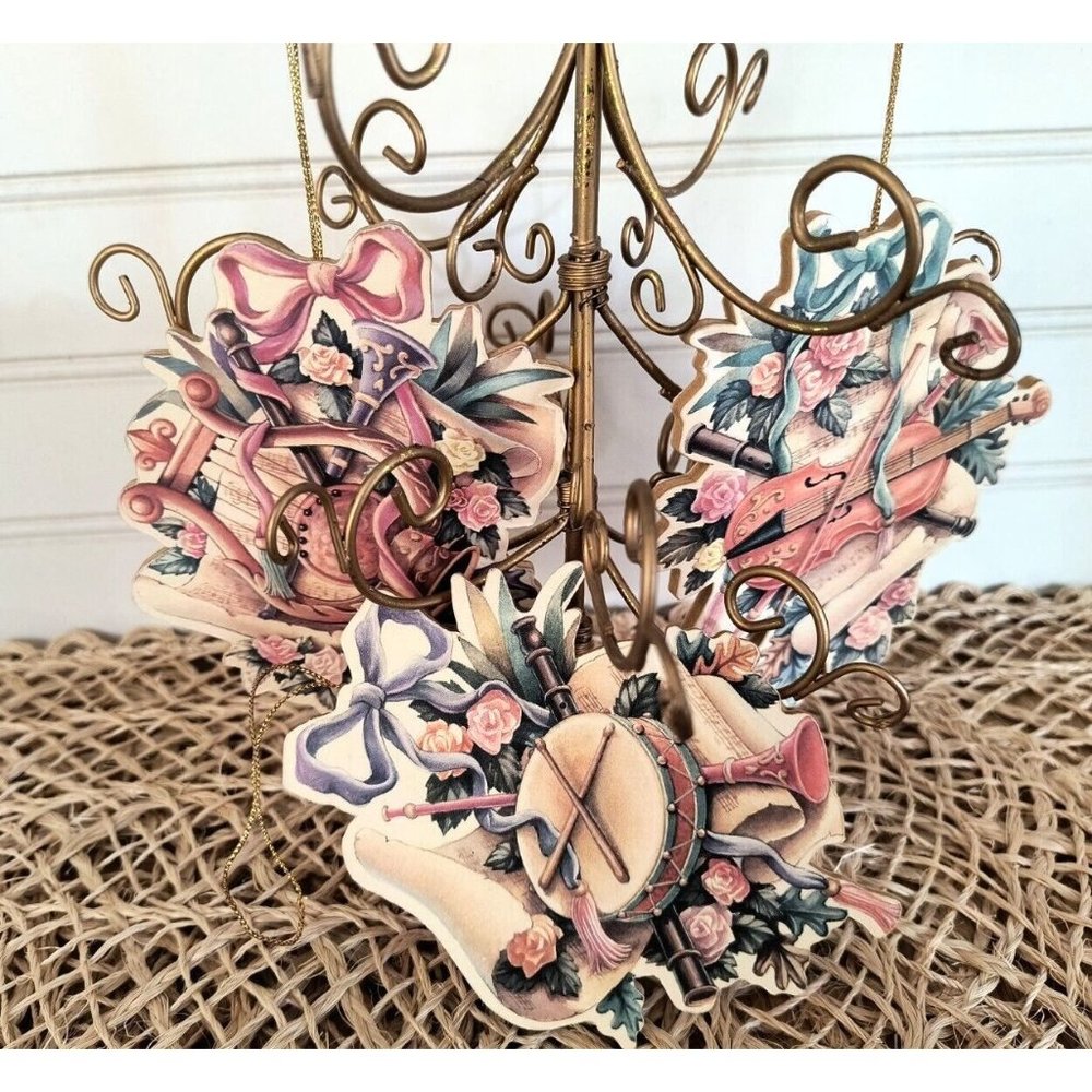 Vintage Victorian Tree Ornaments, SET/10, Drum Harp and Violin Floral Scrolls